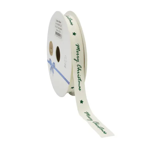 Merry Christmas Cotton Ribbon; Green on Cream